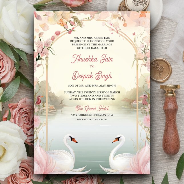 Soft Pink Floral Romantic Swans Indian Wedding Invitation (Creator Uploaded)