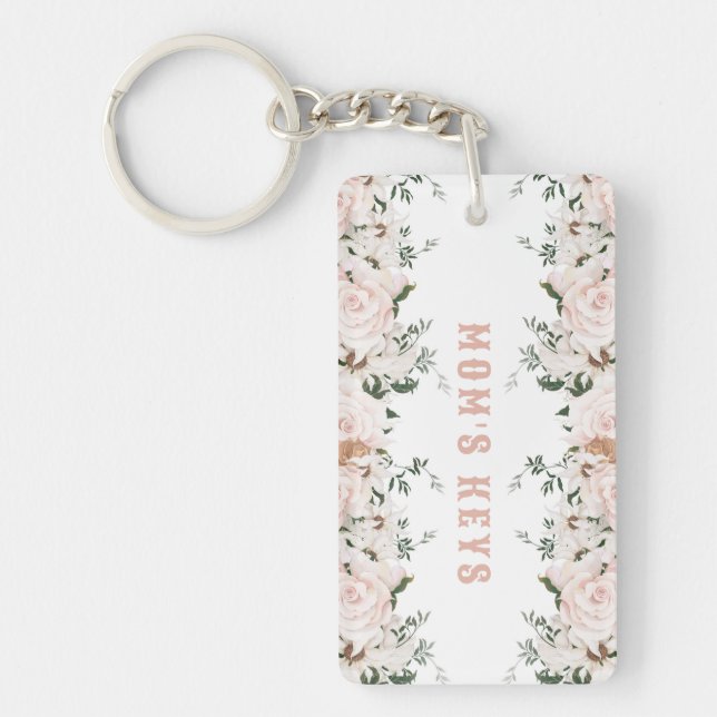 Soft Pink Floral Roses, Personalised Key Ring (Front)