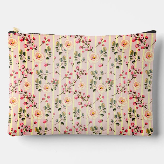 Soft Pink Floral Stripe Pattern Accessory Pouch (Front)