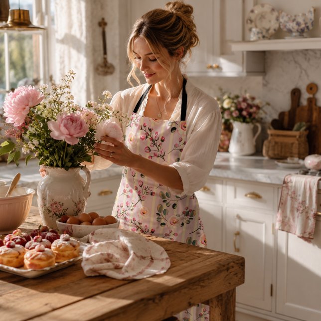 Soft Pink Floral Stripe Pattern Apron (Creator Uploaded)
