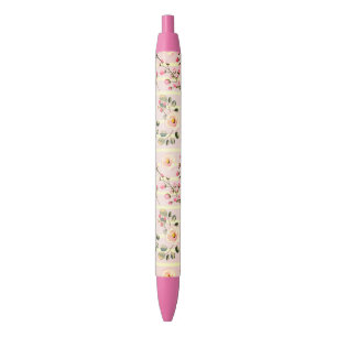 Soft Pink Floral Stripe Pattern Black Ink Pen