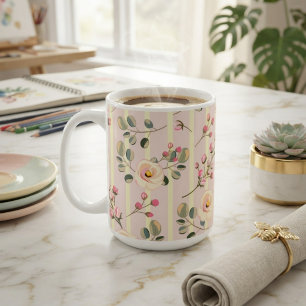 Soft Pink Floral Stripe Pattern Coffee Mug