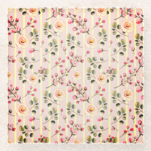Soft Pink Floral Stripe Pattern Glass Coaster