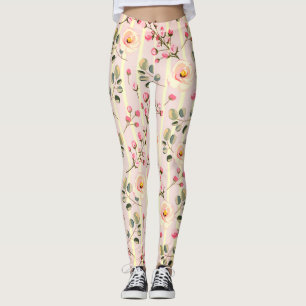 Soft Pink Floral Stripe Pattern Leggings