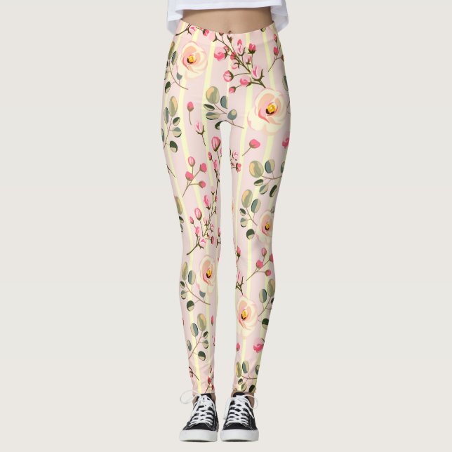Soft Pink Floral Stripe Pattern Leggings (Front)