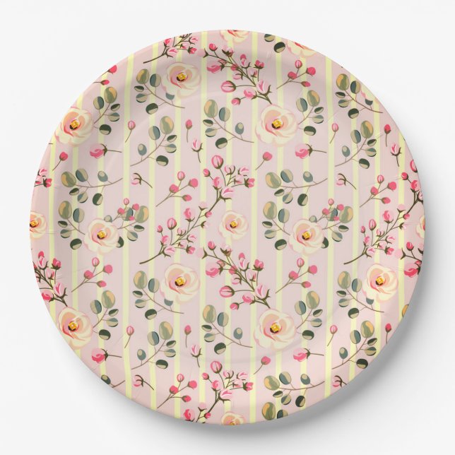 Soft Pink Floral Stripe Pattern Paper Plate (Front)