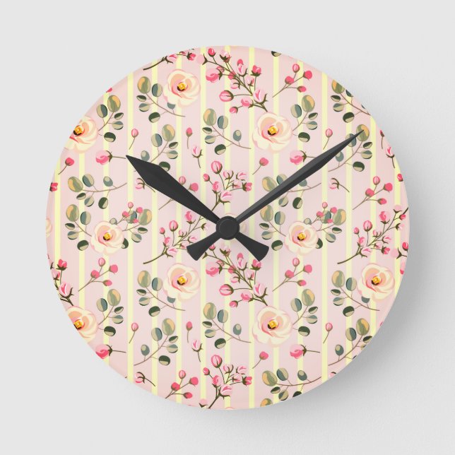 Soft Pink Floral Stripe Pattern Round Clock (Front)