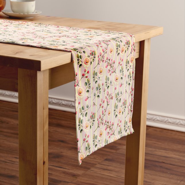 Soft Pink Floral Stripe Pattern Short Table Runner (In Situ)