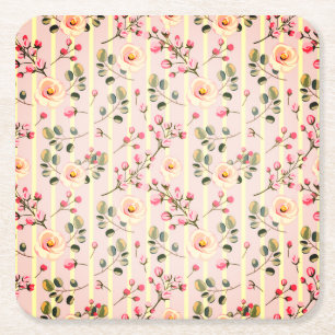 Soft Pink Floral Stripe Pattern Square Paper Coaster