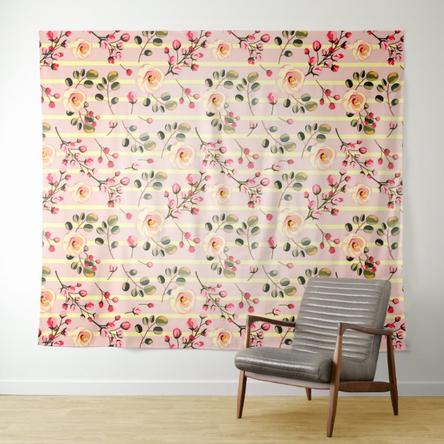 Soft Pink Floral Stripe Pattern Tapestry (In Situ (Horizontal))