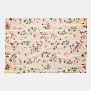 Soft Pink Floral Stripe Pattern Tea Towel