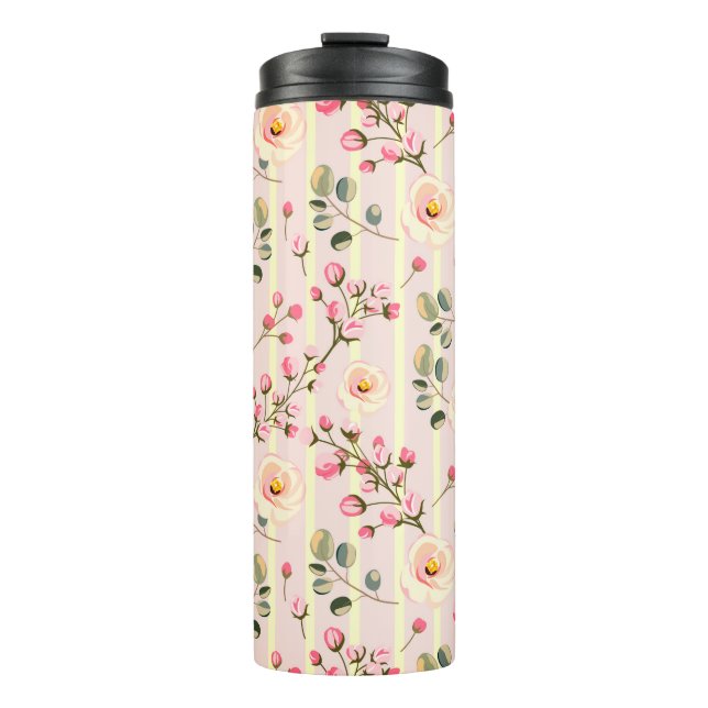 Soft Pink Floral Stripe Pattern Thermal Tumbler (Front)