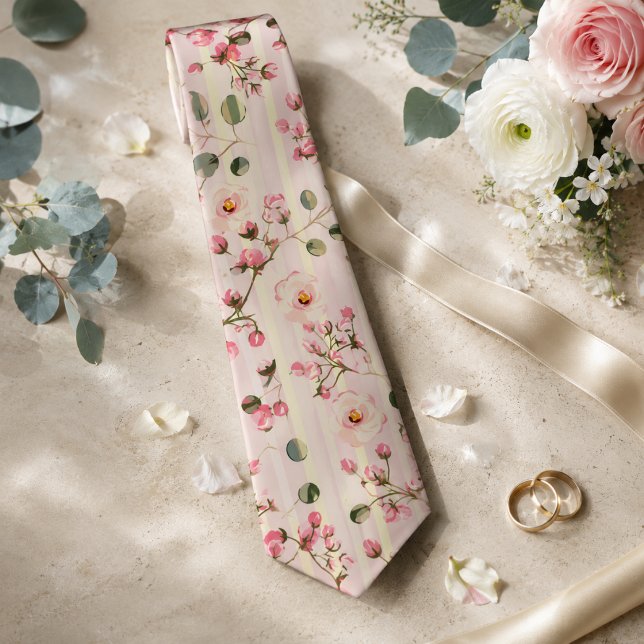 Soft Pink Floral Stripe Pattern Tie (Creator Uploaded)