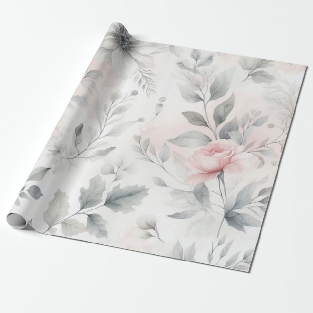 Soft Pink Floral Wash Wrapping Paper (Unrolled)