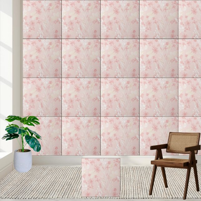 Soft Pink Floral Watercolor Pattern Tile (Soft Pink Floral Watercolor Pattern Ceramic Tile)