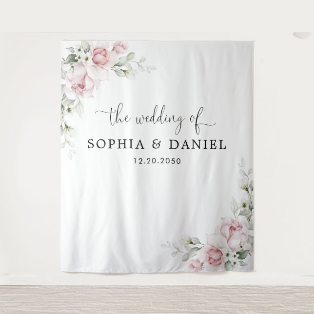 Soft Pink Floral Wedding Backdrops Banner Tapestry (Front)