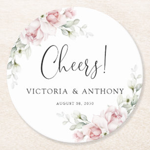 Soft Pink Floral Wedding Cheers Round Coaster 