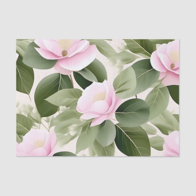 Soft Pink Floral  With Eucalyptus Leaves Pattern Tissue Paper (Front)
