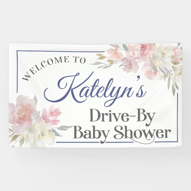 Soft Pink Flowers Drive By Baby Shower Banner (Horizontal)