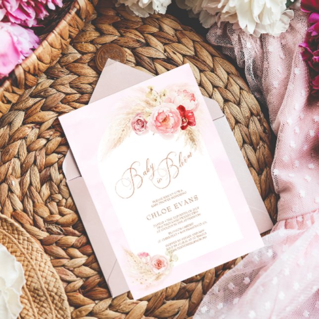 Soft Pink Flowers Elegant Boho Girl Baby Shower  I Invitation (Creator Uploaded)