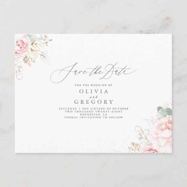 Soft Pink Flowers Elegant Save The Date Announcement Postcard (Front)