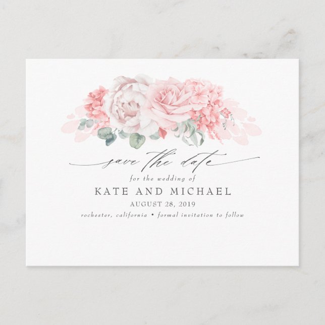 Soft Pink Flowers Elegant Save the Date Postcard (Front)