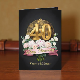 Soft Pink Flowers & Gold 40th Wedding Anniversary Card
