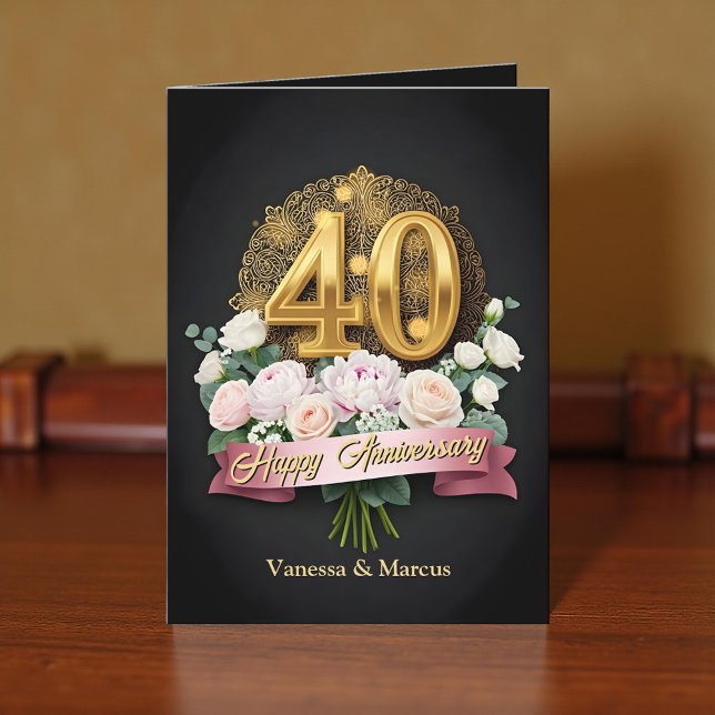 Soft Pink Flowers & Gold 40th Wedding Anniversary Card (Creator Uploaded)