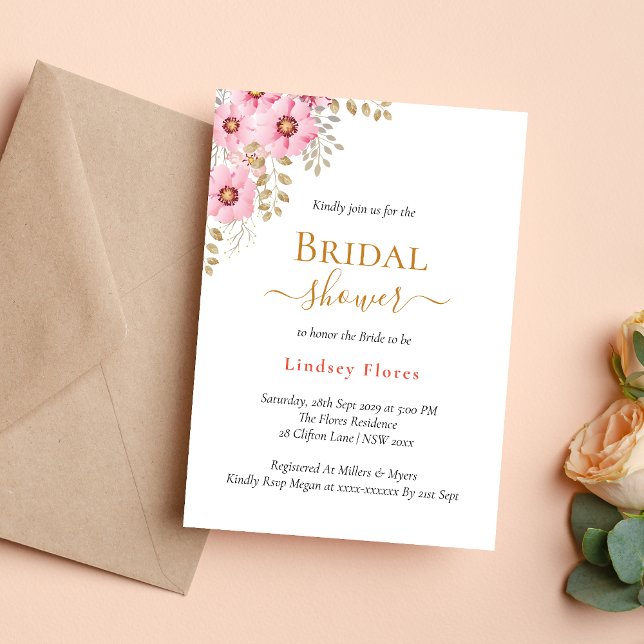 Soft Pink Flowers Greenery Gold Bridal Shower Invitation (Creator Uploaded)