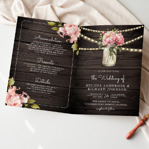 Soft Pink Flowers Mason Jar QR Code Wood Wedding Invitation