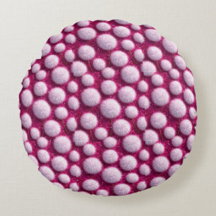 Soft Pink Fluffy Balls on Glittery Vibrant Magenta Round Cushion