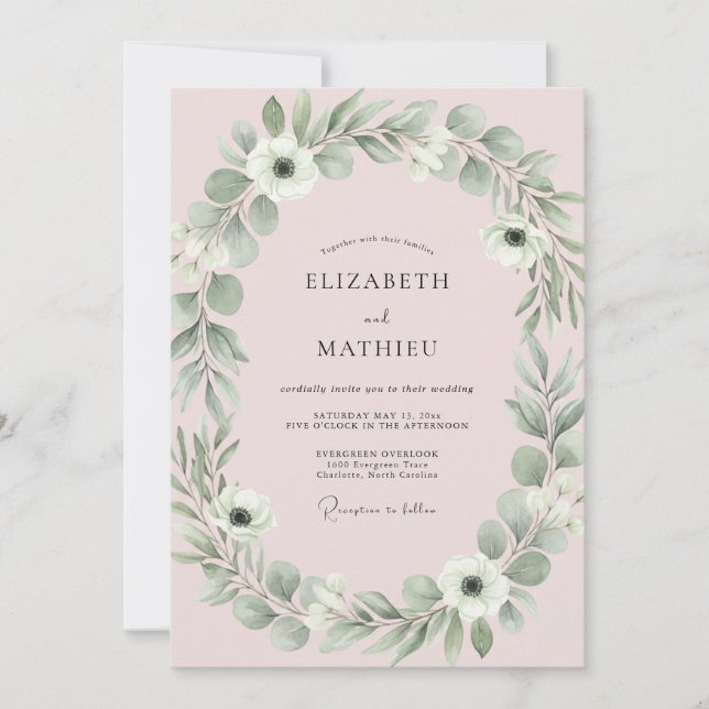 Soft Pink Foliage Eucalyptus Wedding Invitation (Front)