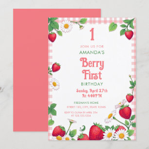 Soft Pink Gingham Strawberry Girl’s 1st Birthday Invitation