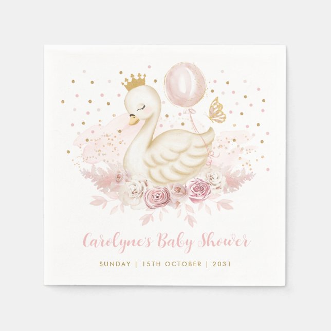 Soft Pink Gold Swan Princess Balloon Baby Girl Napkin (Front)