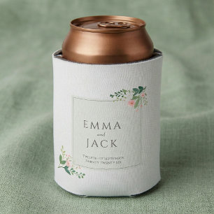 Soft pink greenery names wedding can cooler