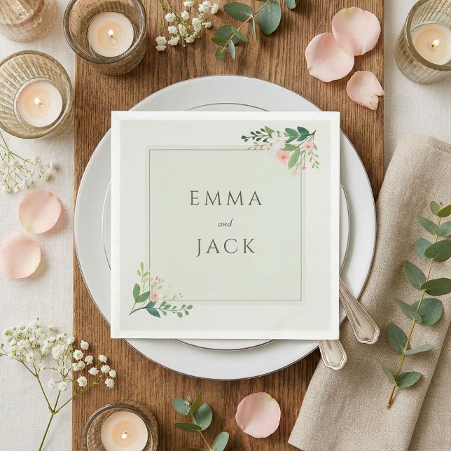 Soft pink greenery names wedding napkin (Soft pink greenery names wedding napkins.)
