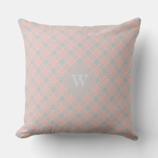 Soft Pink Grey Monogram Gingham Girly Plaid Cushion
