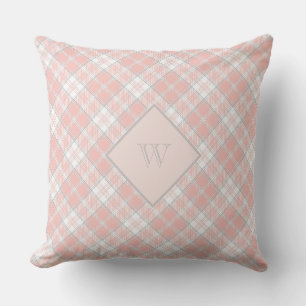 Soft Pink Grey Monogram Gingham Girly Plaid Cushion