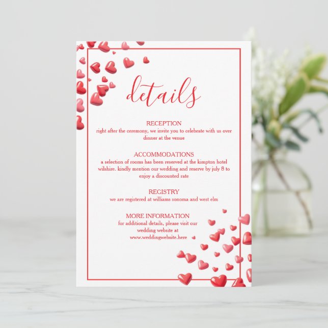 Soft Pink Hearts Wedding Details Card (Standing Front)