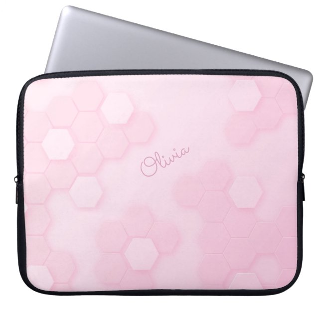 Soft Pink Hexagonal Pattern with Custom Name Laptop Sleeve (Front)
