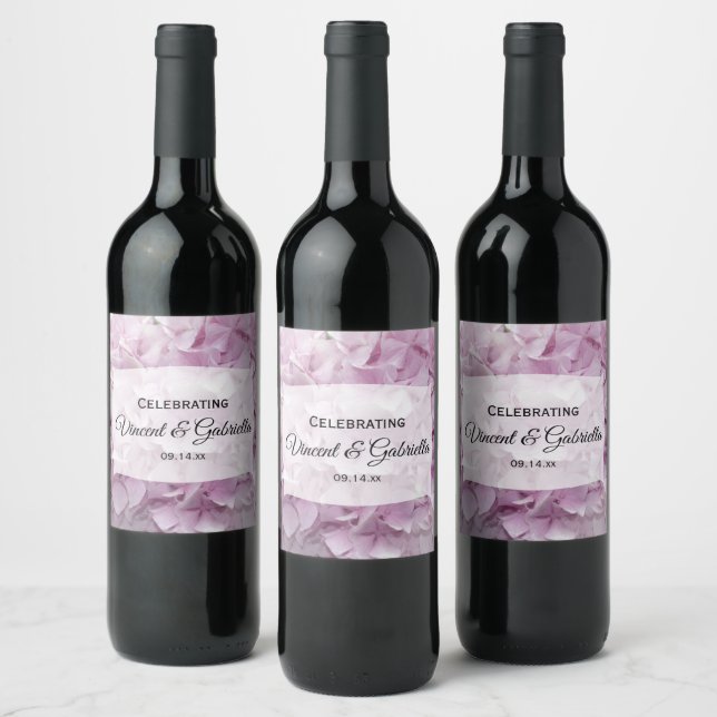 Soft Pink Hydrangea Flowers Wedding Wine Label (Bottles)