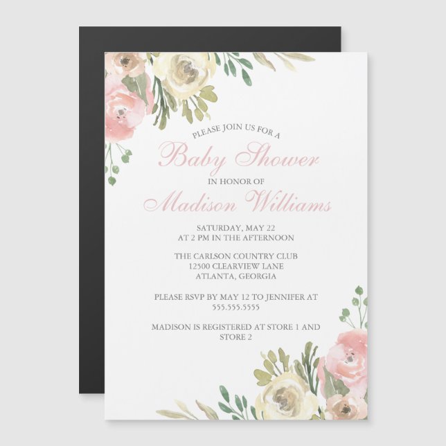Soft Pink Ivory Floral Elegant Girl Baby Shower Magnetic Invitation (Front/Back)