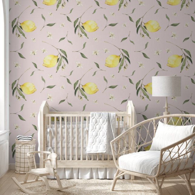 Soft Pink Lemon Fruit Pattern Wallpaper (Kids)