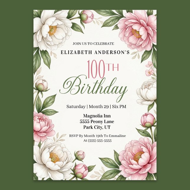 Soft Pink Magnolia and Peony 100th Birthday  Invitation (Elegant 100th birthday invitation with soft pink and white watercolor peonies, green leaves)