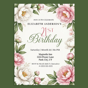 Soft Pink Magnolia and Peony 21st Birthday  Invitation
