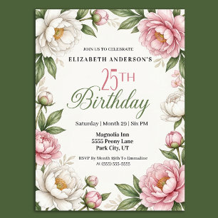 Soft Pink Magnolia and Peony 25th Birthday  Invitation