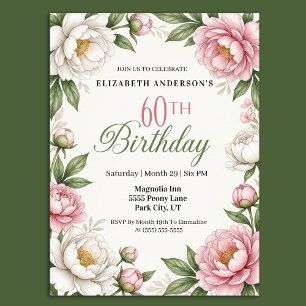 Soft Pink Magnolia and Peony 60th Birthday  Invitation