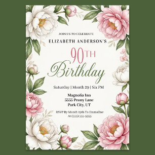Soft Pink Magnolia and Peony 90th Birthday  Invitation