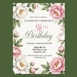 Soft Pink Magnolia and Peony 98th Birthday  Invitation<br><div class="desc">Celebrate a remarkable milestone with this elegant floral 98th birthday invitation, beautifully designed for a sophisticated and memorable birthday celebration. Perfect for honoring a beloved mother, grandmother, or cherished friend, this timeless invitation sets the tone for a joyful gathering filled with love, family, and celebration. Featuring delicate botanical florals and...</div>