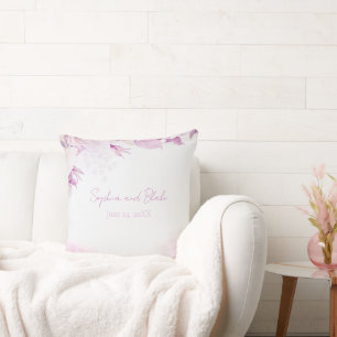 Soft Pink Modern Boho Floral and Leaves Wedding Cushion